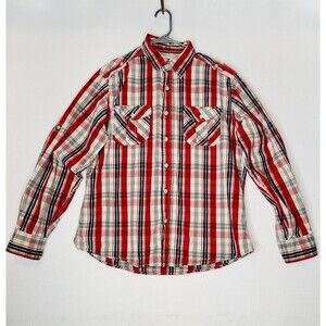Paper Denim Cloth Button Front Long Sleeve Plaid Red Shirt Size L